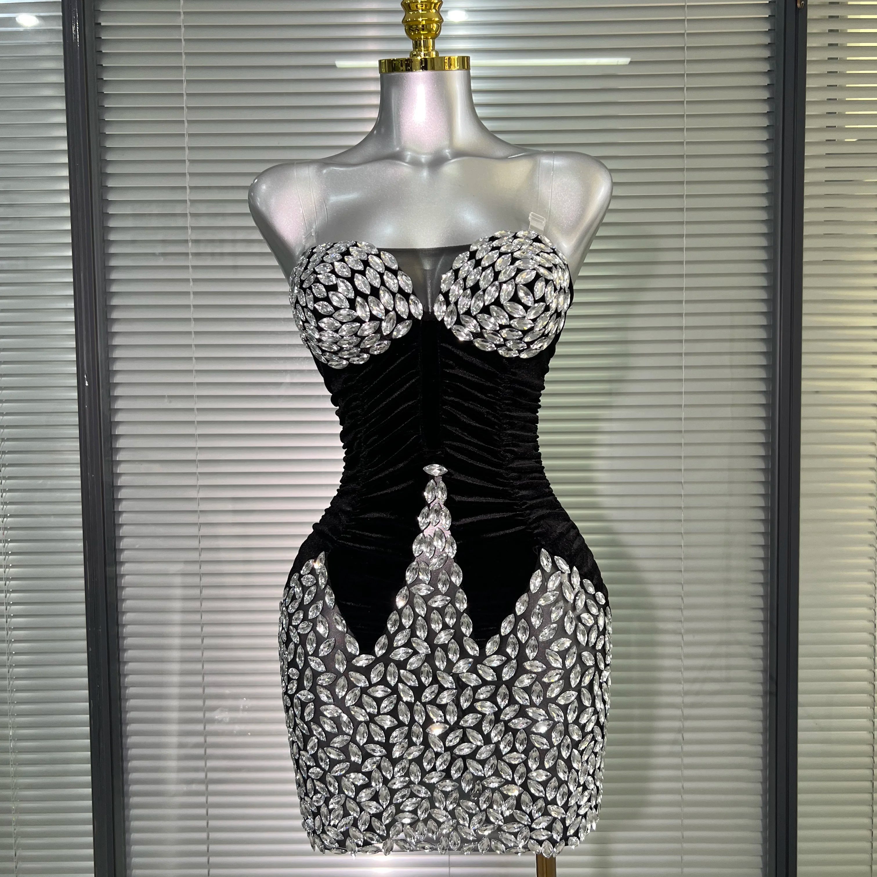 Women Sexy Mesh Crystal Diamonds Black Costume Stage Dancer Stretchy Night Club Strapless Mini Party Dress