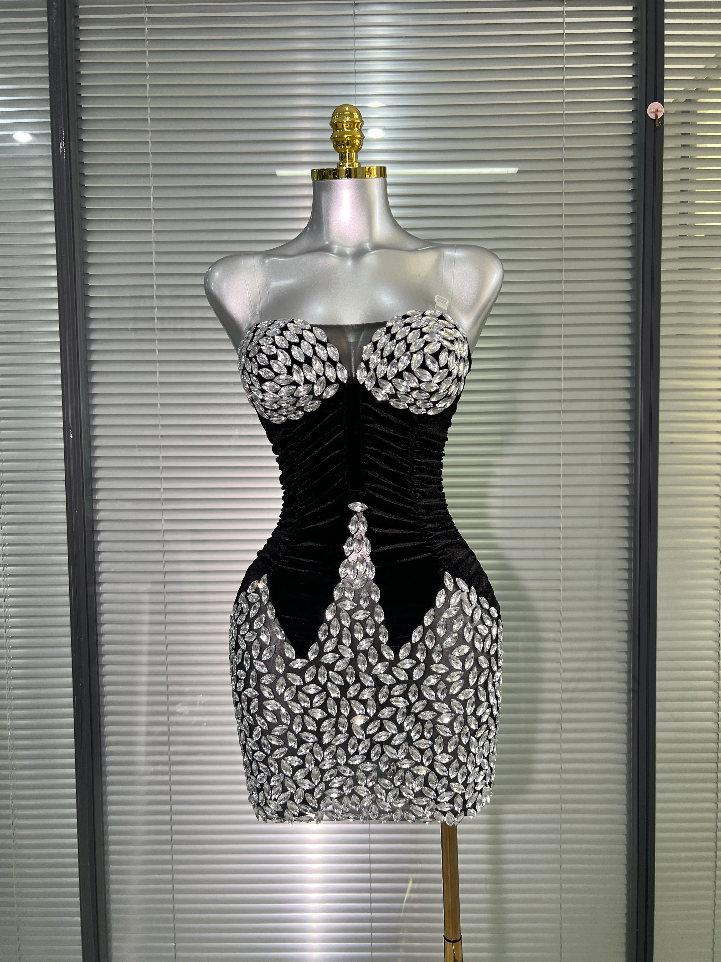 Women Sexy Mesh Crystal Diamonds Black Costume Stage Dancer Stretchy Night Club Strapless Mini Party Dress