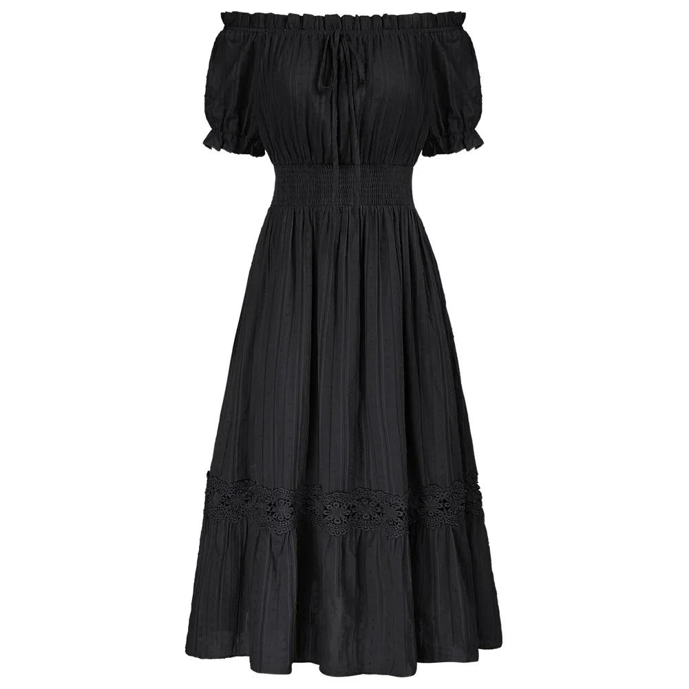 SD Women Renaissance Cotton Dress Summer Short Sleeve Ruffled Off Shoulder Flared A-Line Dress Ruched Slim Fit Fashion Dresses Black