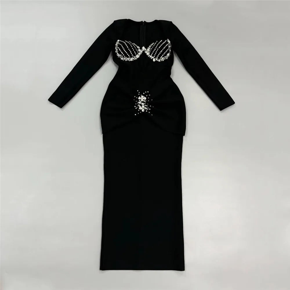 Black Color Women Long Sleeve Square Collar Shinning Crystal Bodycon Bandage Long Dress Celebrate Evening Party Prom Dress