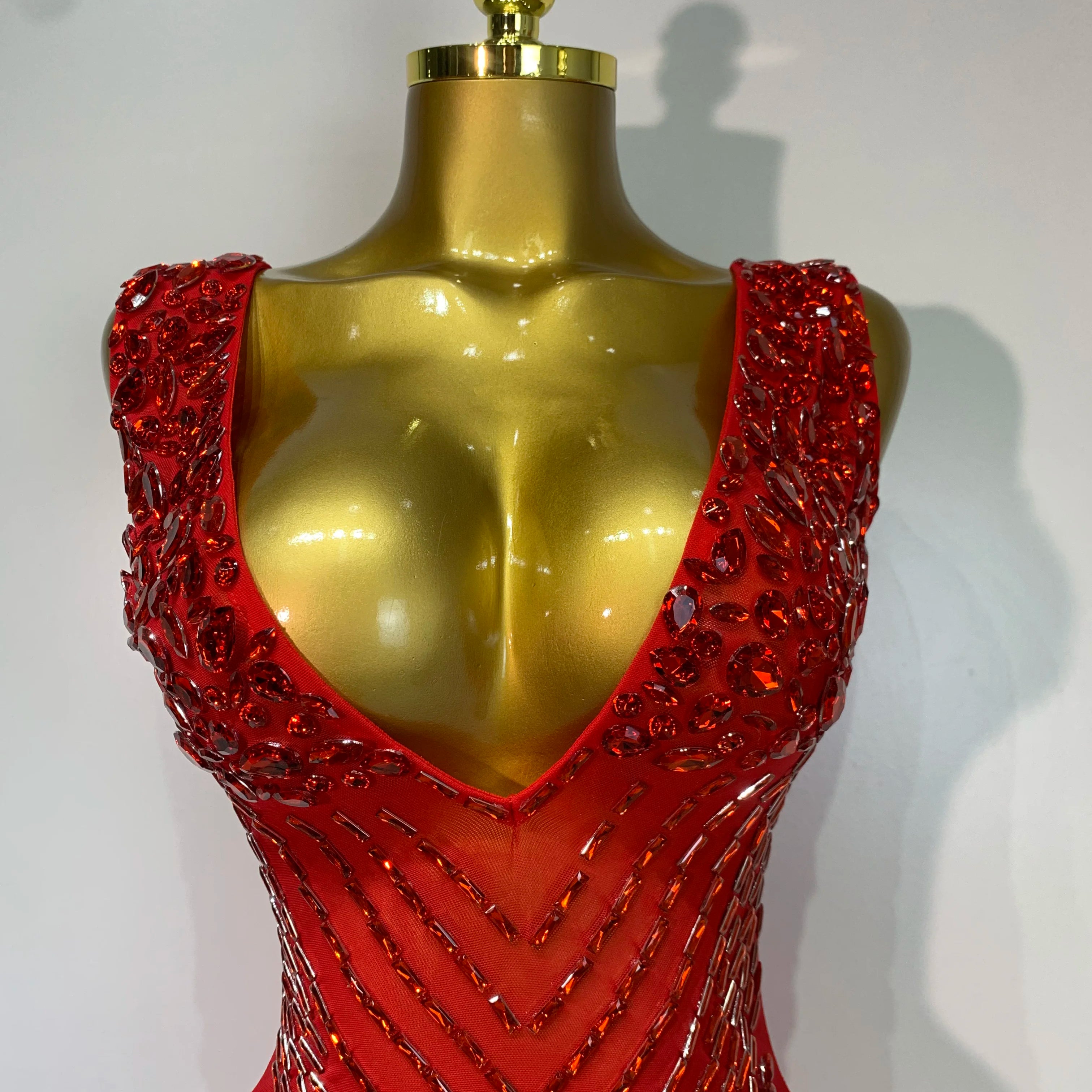 Sparkly Rhinestone Mesh See Through V Neck Dress Women Sexy Performance Stage Costume Evening Party Club Luxury Birthday Outfit