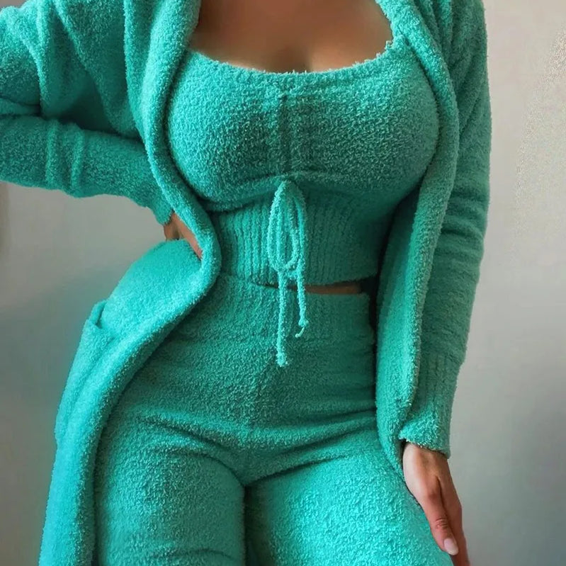 CM.YAYA 3-Piece Women Sets Plush Velvet Pajama Sleepwear Tank Tops + Pants + Cardigan Coat Tracksuit Loungewear Causal Outfits green