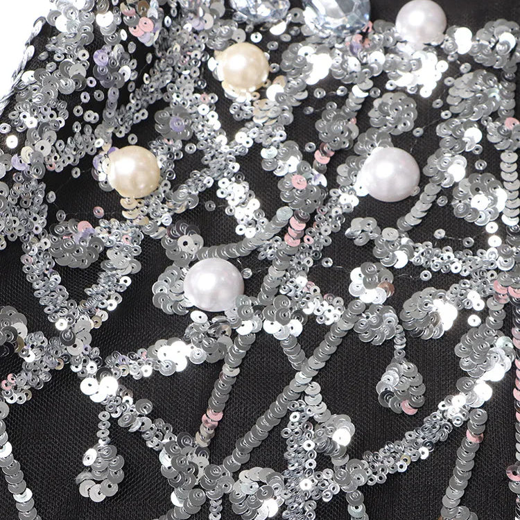 TWOTWINSTYLE Patchwork Sequins Temperament Dress For Women Lapel Long Sleeve High Waist Spliced Pearls Mini Dresses Female New