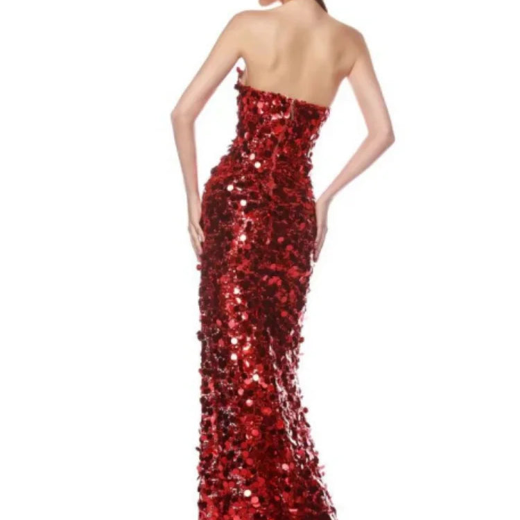 Christmas Style Women Shinning Red Sequins Strapless Bodycon Long Dress Celebrate Birthday Party Nightclub Outfit Vestido