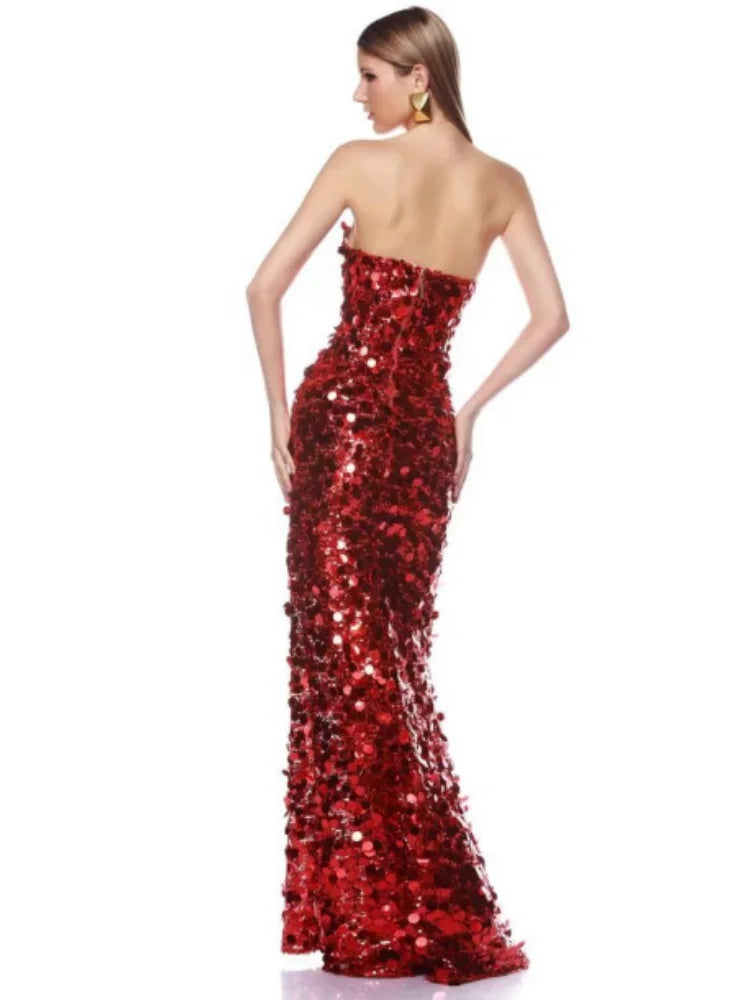 Christmas Style Women Shinning Red Sequins Strapless Bodycon Long Dress Celebrate Birthday Party Nightclub Outfit Vestido