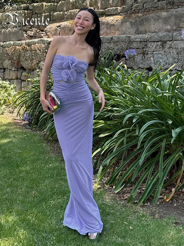 VC 2024 Summer New Light Purple Strapless Flower Bloom Midi Dress Sexy Spicy Girl Style Hollow Out Ruched Dress for Women