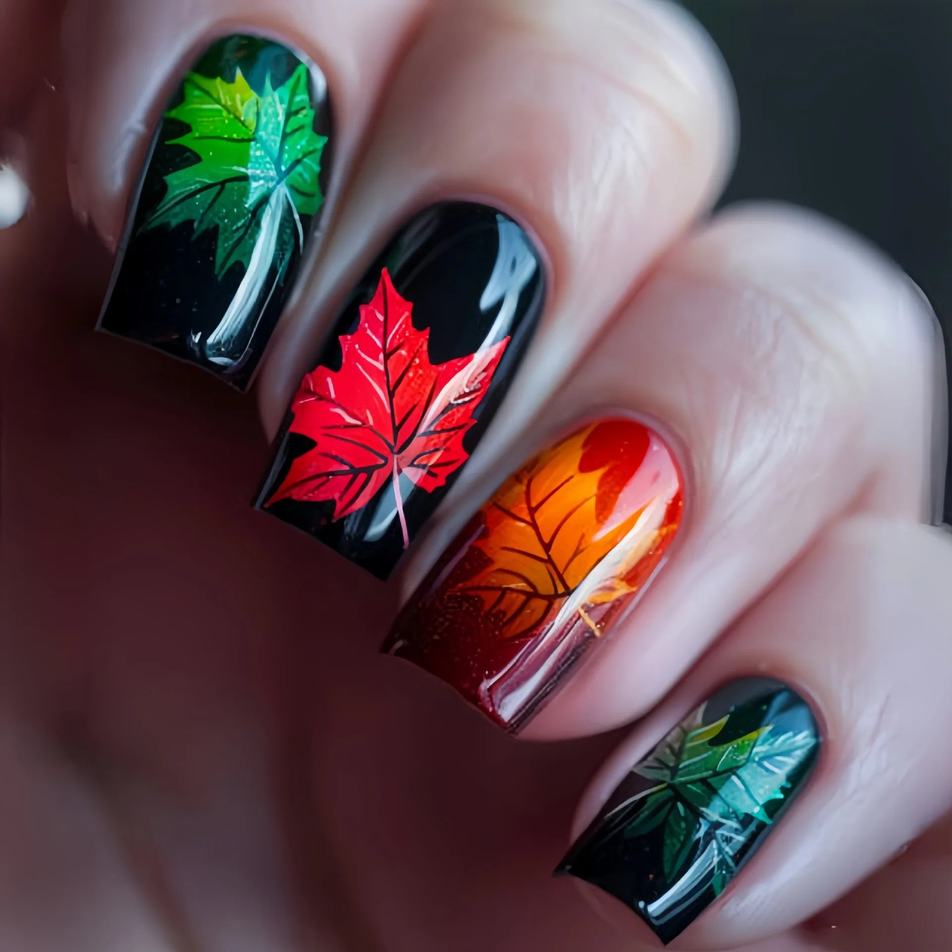 Short middle square ballet fake nails sparkling plant flowers maple leaves gradient Peacock feathers press on false nails set
