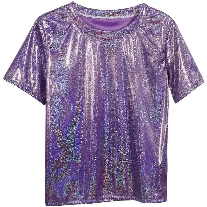S-5XL Womens Sparkly Shiny Metallic Holographic Round Neck Short Sleeve Casual Loose Top Festival Party Tee Shirt Female Clothes