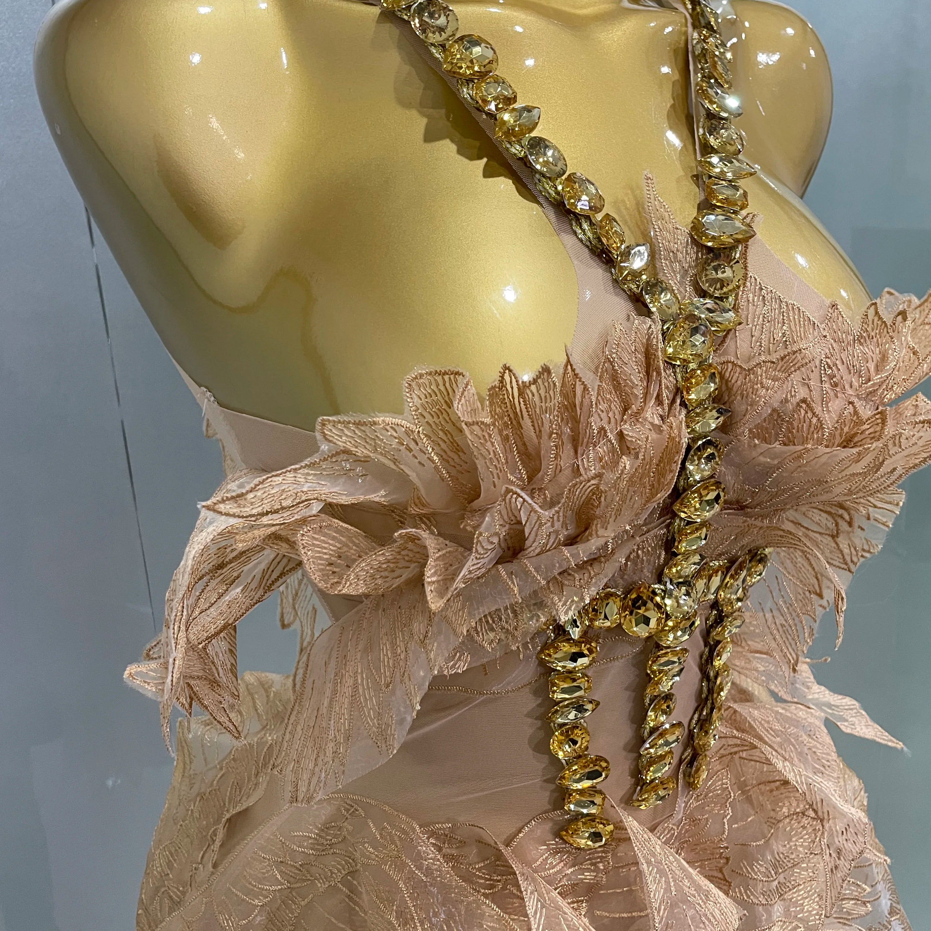 Sexy Shining Gold Crystal Transparent Wings Mini Dress 2025 Women Birthday Party Bar Nightclub Singer Stage Performance Costume