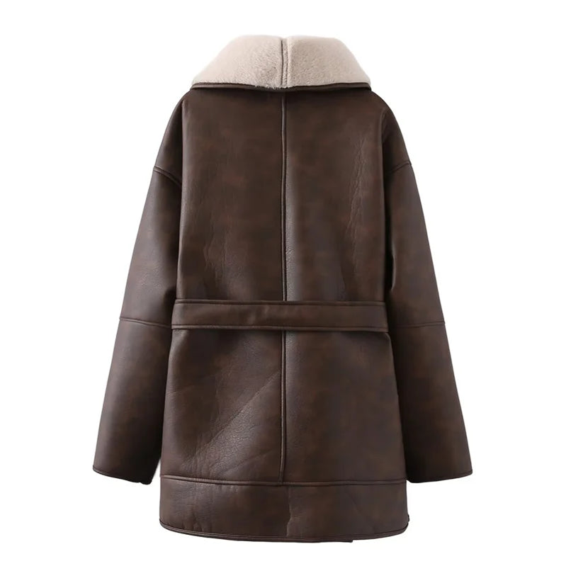 Two-color fur all-in-one coat for women in autumn and winter new fashionable and warm mid-length leather coat with belt
