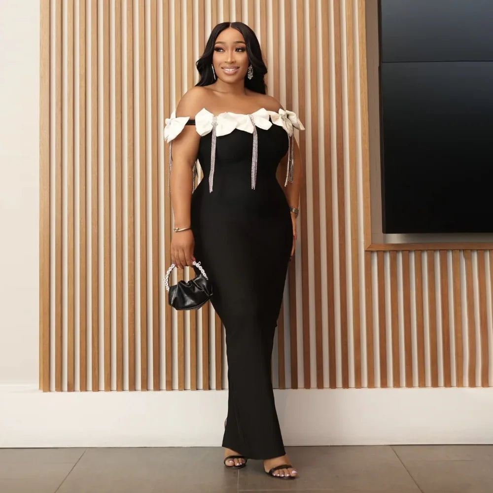 CM.YAYA Women Bow Tassel Slash Neck Maxi Dress 2024 Fall Winter Sexy Birthday Evening Prom Party Street Long Dresses Vestidos