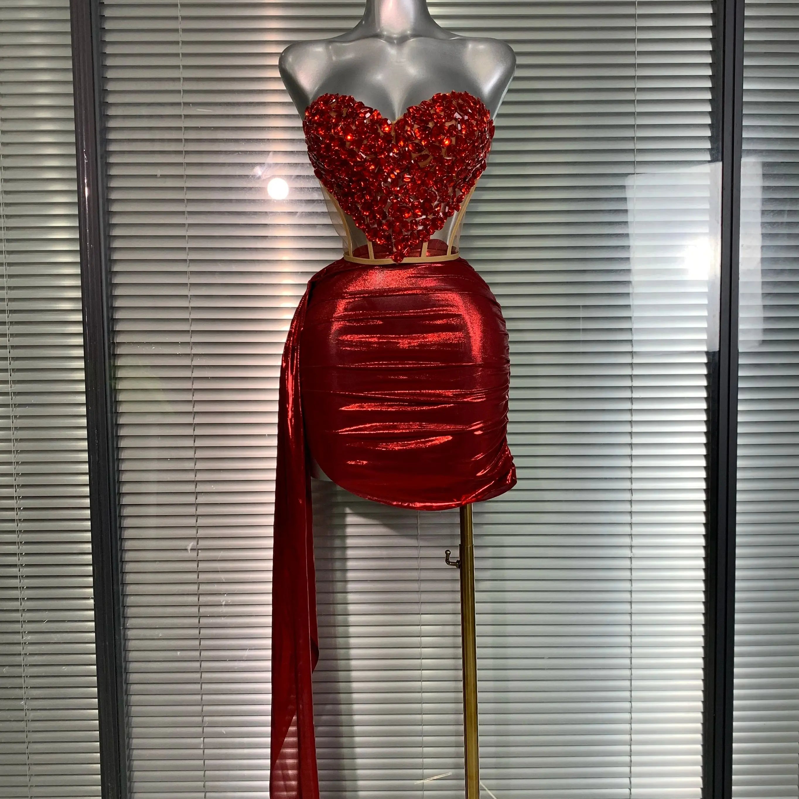 New Women Sexy Two Pieces Set Red Crystal Diamonds Night Club Skirt Suits Laced Singer Dancer Stage Performance Costume