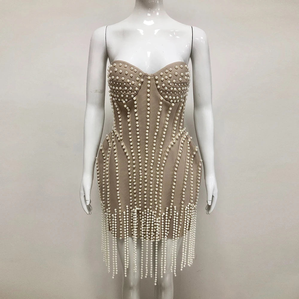 Ladies Luxury Bead Tassels Strapless Backless Design Celebrity Party Club Khaki Sleeveless Sexy Mini Bandage Dress 2025 New