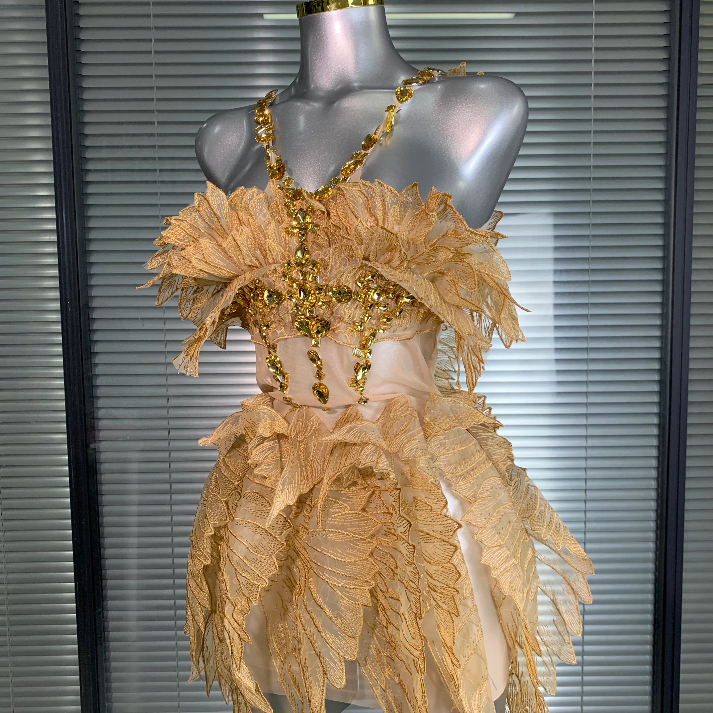 Summer New Women Sexy Gold Crystal Diamonds Stage Performance Costume Dancer Singer Night Club Mini Party Dress