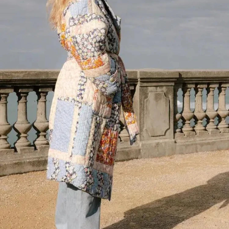 ZBZA Women's Fall Winter New Belted Long Quilted Print Jacket Coat Lapel Long Sleeve Single Breasted Long Padded Warm Outerwear