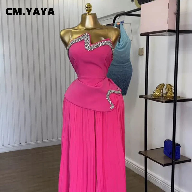 CM.YAYA Women's Set Diamonds Hot Rhinestones Crop Top and Pleated Wide Leg Pants Suit 2025 Two 2 Piece Sets Outfits Tracksuit