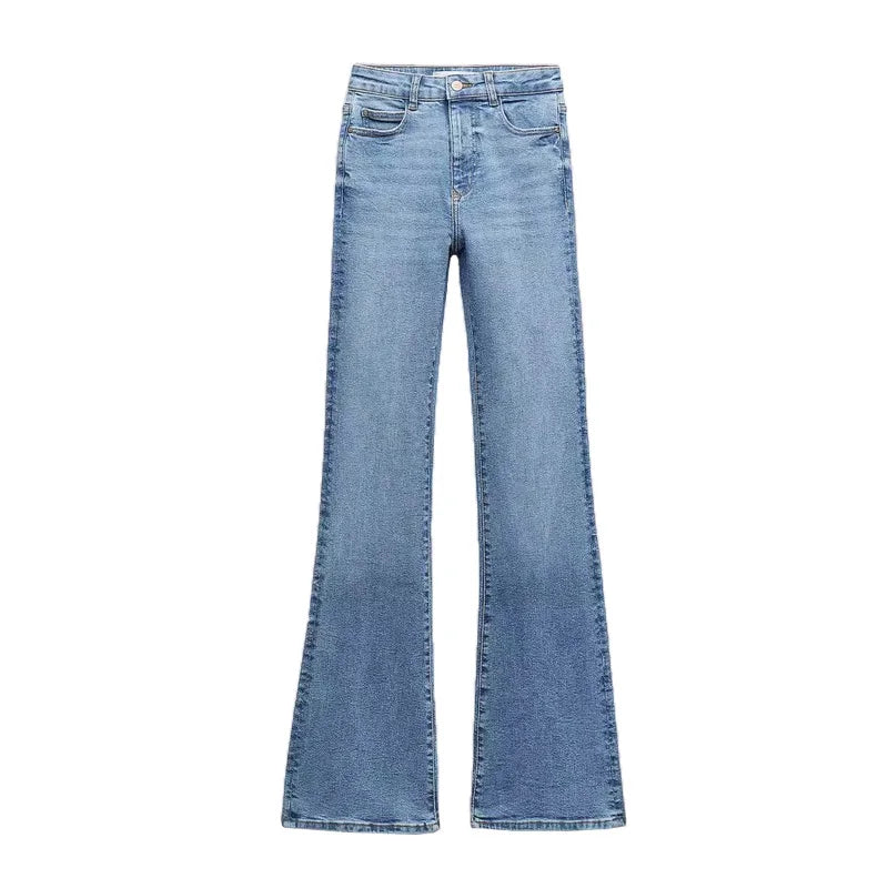 Woman's High Waist Flare Jeans Autumn Washed Effect High Rise Five Pocket Zip Button Closure Stretch Flared Legs Jeans Mid-blue 7223225