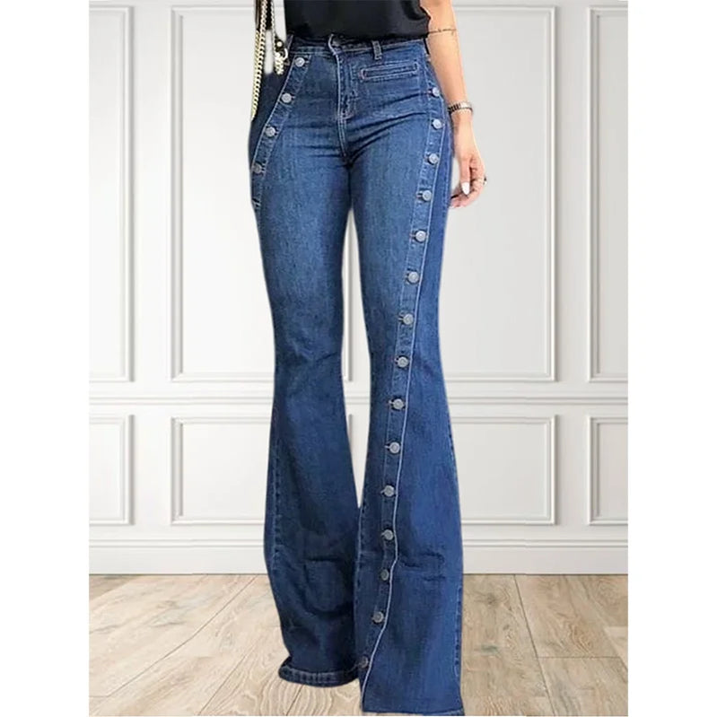 Women's Plus Size Plain Button Decor Flare Leg Long Denim Pants Flare Jeans Jeans Female High Waist Bottom Wide Leg Jeans