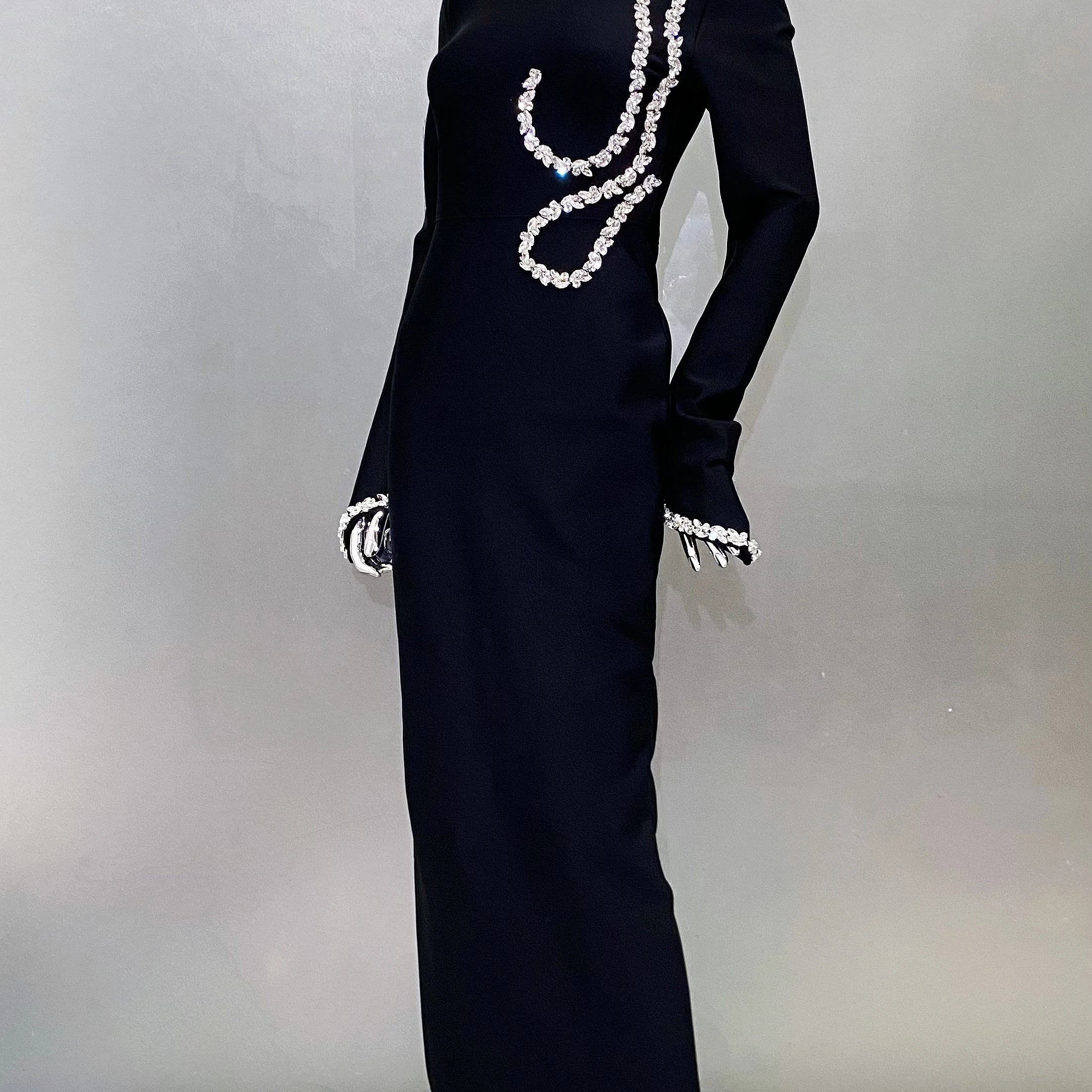 High Quality Shining Diamonds Half High Collar Black Long Bandage Dress Elegant Woman Evening Party Dress Cocktail Party Outfit