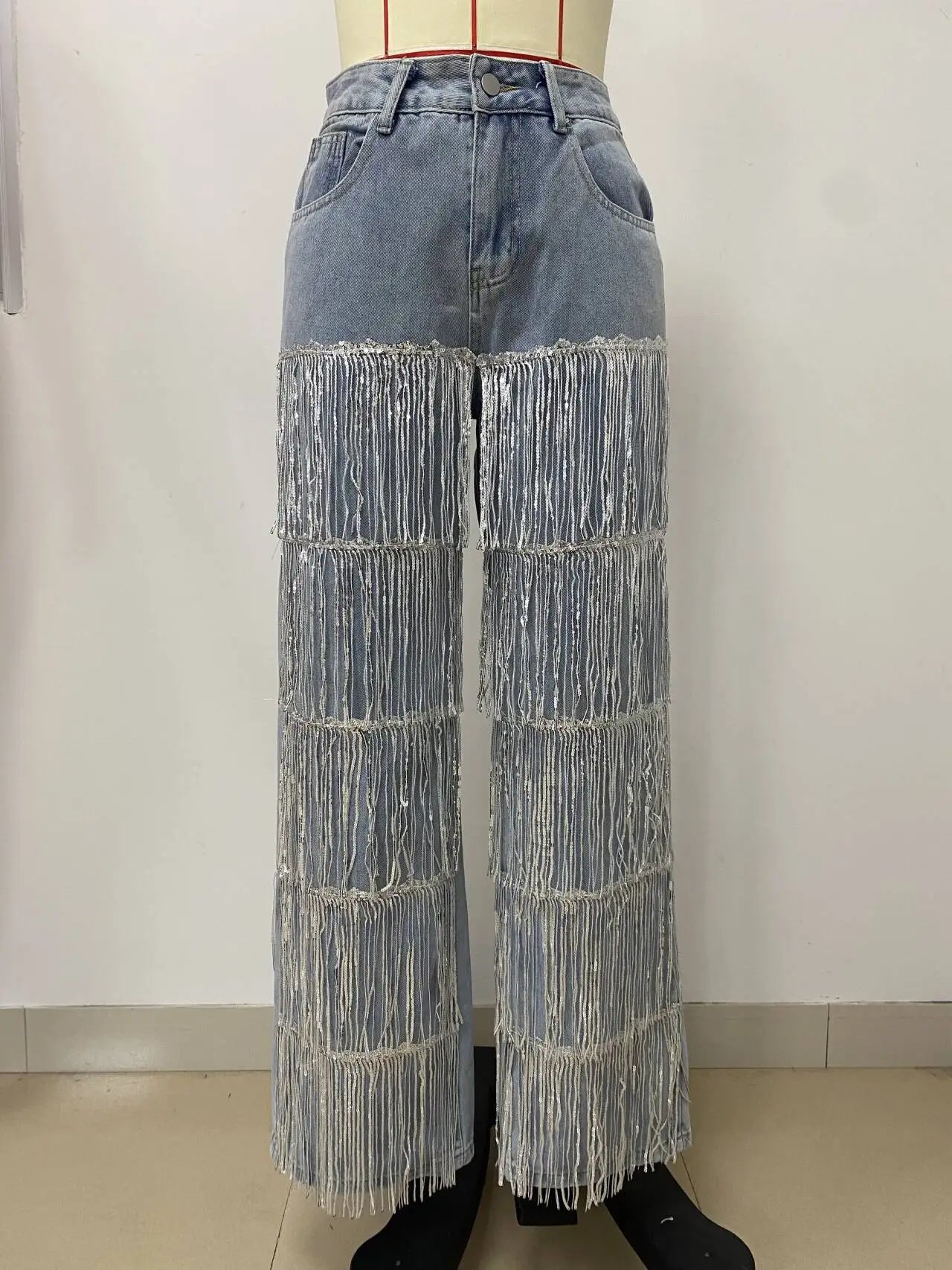 CM.YAYA Women Sequins Tassel Wide Leg Blue Denim Pants 2025 Summer Streetwear Party Vintage High Waist Jeans Trousers