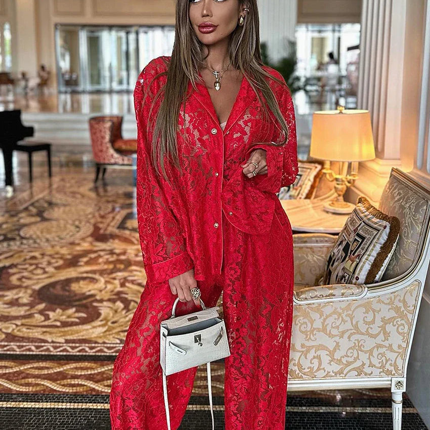 Clacive Sexy Loose Black Lace See Through Trousers Sets Women 2 Pieces Fashion Long Sleeve Shirt With High Waist Wide Pants Set Red