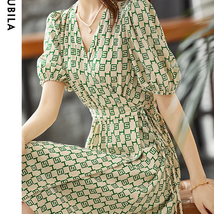 Elegant Print Summer Dress for Women Fashion A Line V-Neck Lace Up Slim Puff Sleeve Ladies Midi Wrap Dresses