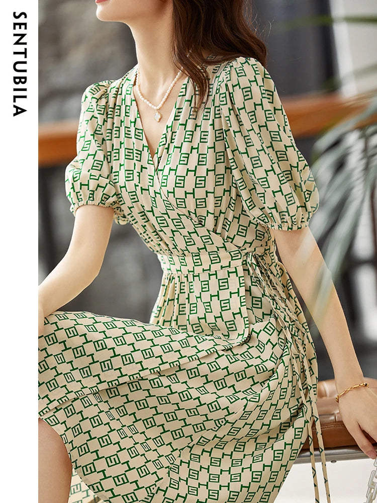 Elegant Print Summer Dress for Women Fashion A Line V-Neck Lace Up Slim Puff Sleeve Ladies Midi Wrap Dresses