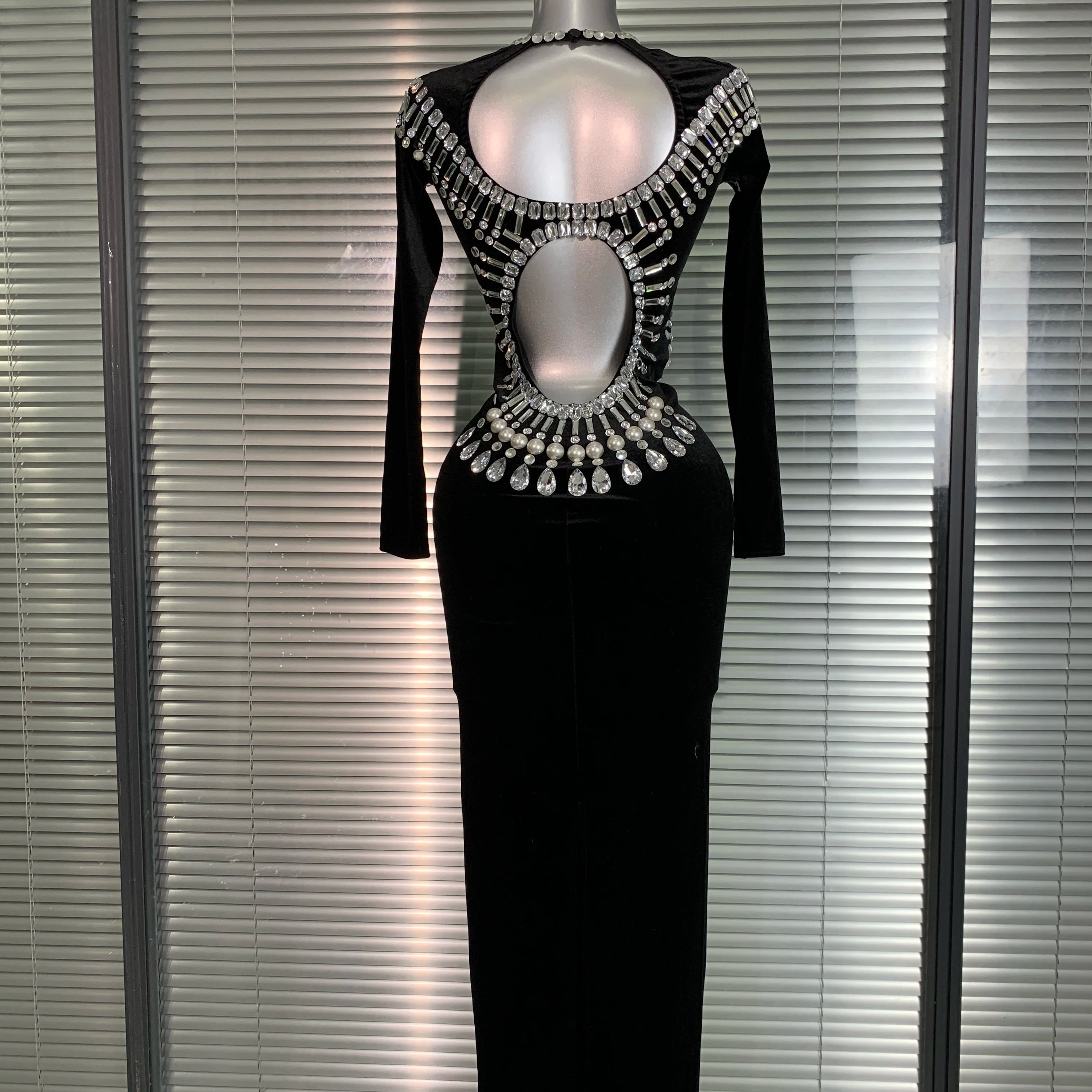 INS New Women Sexy Velvet Stretched Crystal Diamonds Rhinestones Maxi Dress Night Club Party Singer Stage Costume