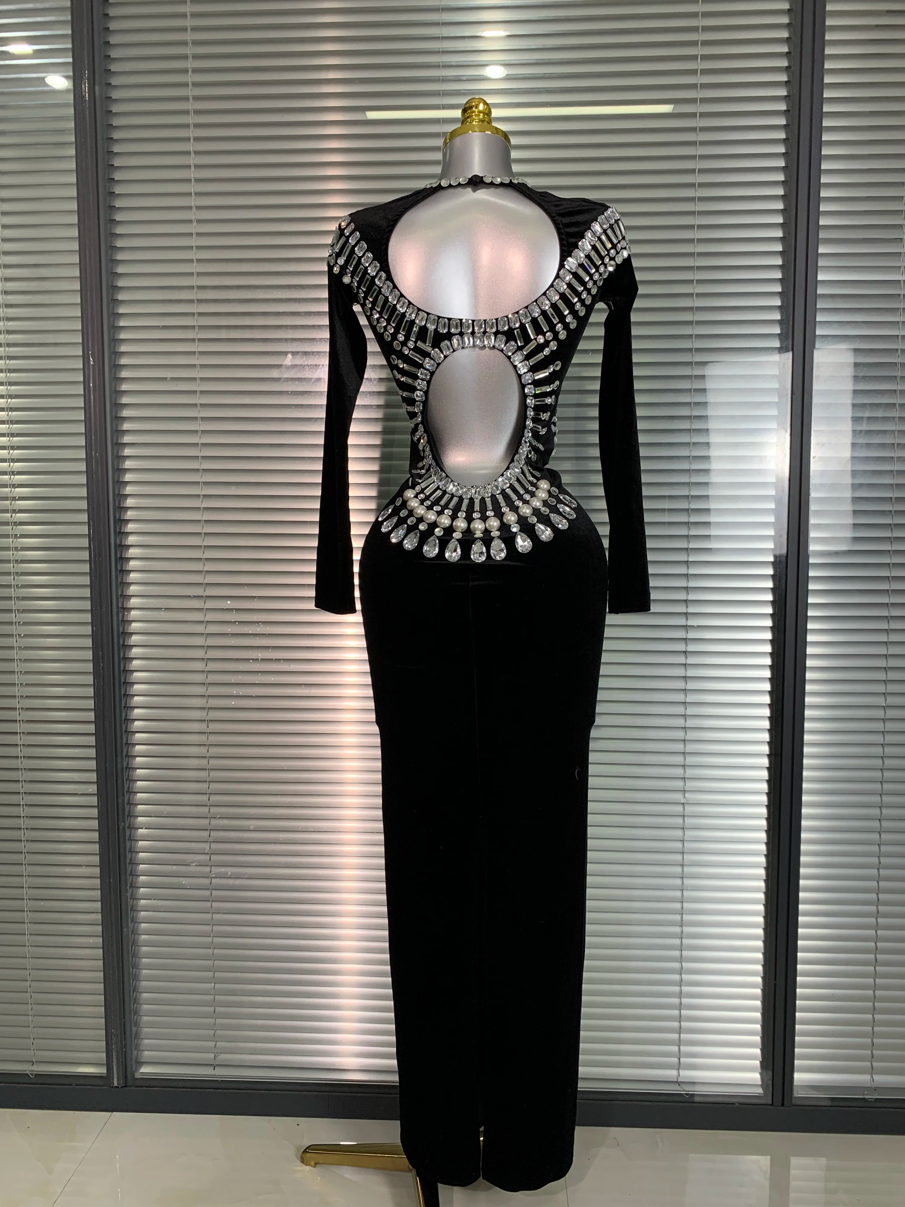 INS New Women Sexy Velvet Stretched Crystal Diamonds Rhinestones Maxi Dress Night Club Party Singer Stage Costume