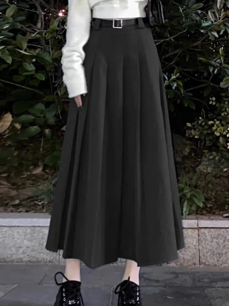 Women High Waist Jupe Korean Fashion Pleating Skirt Vintage Office Lady Spring Falda Holiday Loose Solid Maxi Skirts black