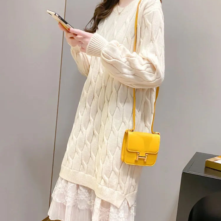Dresses for Women Korean Oversized Sweater Women Maxi Dress O-Neck Elegant Commute Party Fashion Women's Wear Knit Dress Beige