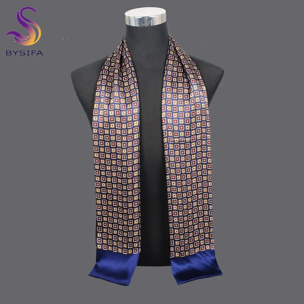 [BYSIFA] New Navy Blue Men Silk Scarf Printed Muffler Winter Brand Fashion Scarves 100% Pure Silk Male Black Long Scarves Cravat