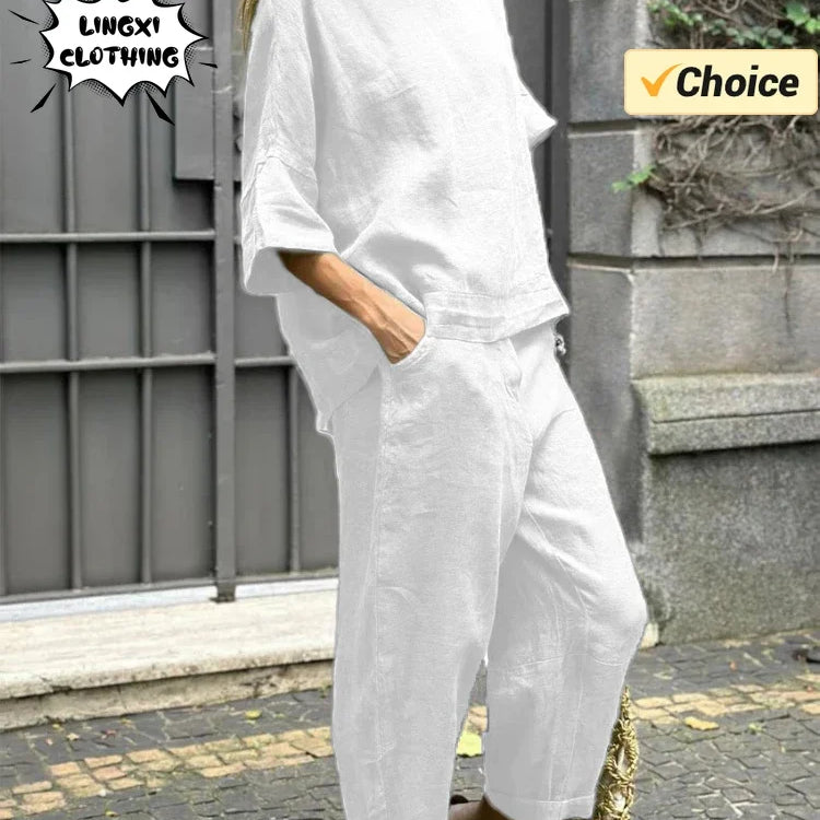 Summer Fashion New Style Matching Series Round Neck Cotton Linen Top High Waist Wide Leg Long Pants Set Plus Size Women's Wear