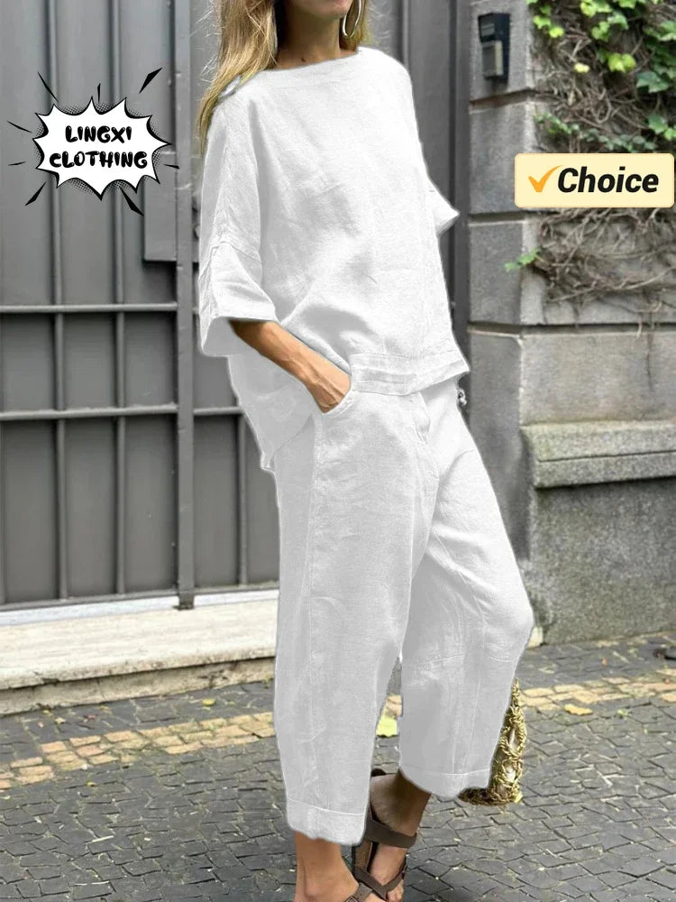 Summer Fashion New Style Matching Series Round Neck Cotton Linen Top High Waist Wide Leg Long Pants Set Plus Size Women's Wear
