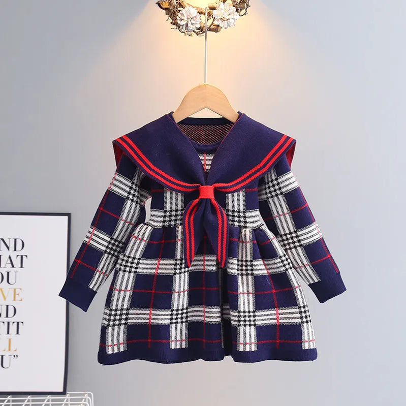 Toddler Girl Sweater Dress New Autumn Winter Warm 0-7Y Girls Plaid Knitted Sweater Dress Bow College Style Kids Clothes Blue