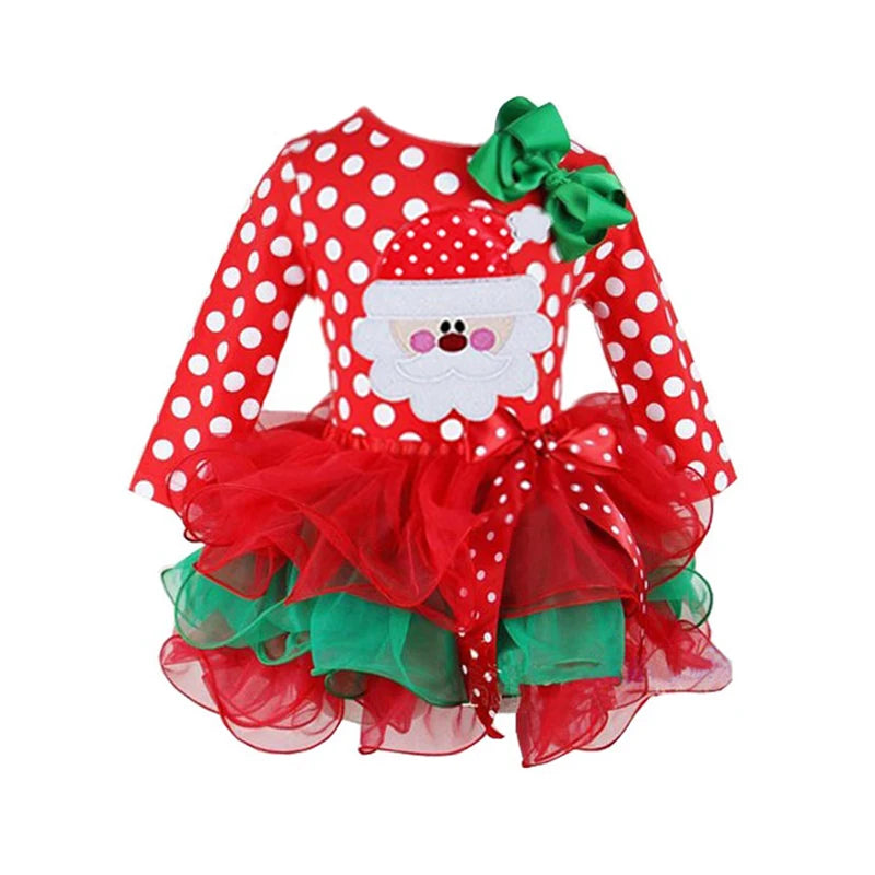 Baby Girls Christmas Costume for 1-5 Yrs Polka Dot Santa Claus Print Xmas New Year Red Dress Kids Princess Party Gown headband 3