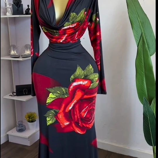 CM.YAYA Women Rose Printed Long Sleeve Pile Neck Bodycon Midi Maxi Long Dress 2025 Summer Birthday Vacation Sexy Party Dresses