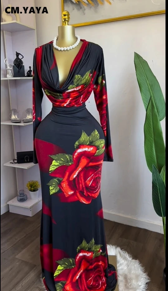 CM.YAYA Women Rose Printed Long Sleeve Pile Neck Bodycon Midi Maxi Long Dress 2025 Summer Birthday Vacation Sexy Party Dresses