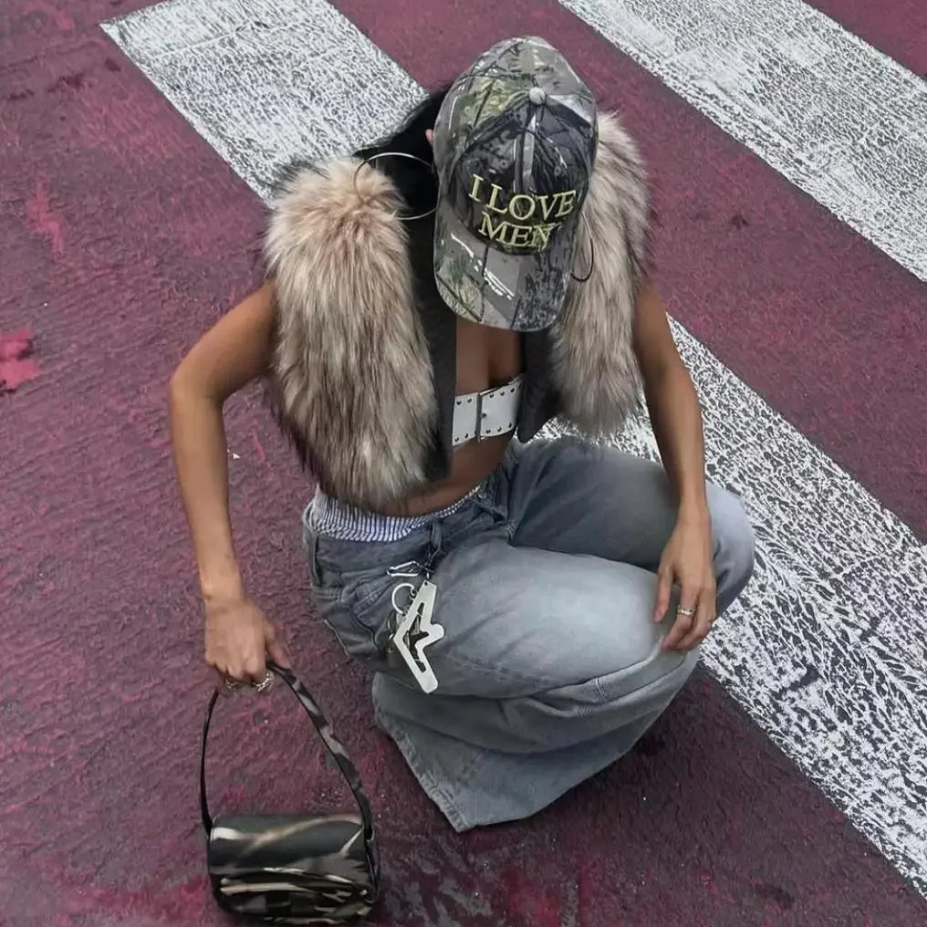 TWOTWINSTYLE Solid Slimming Fashion Tank for Women V Neck Sleeveless Patchwork Fur Luxurious Top Female Autumn Retro Style New