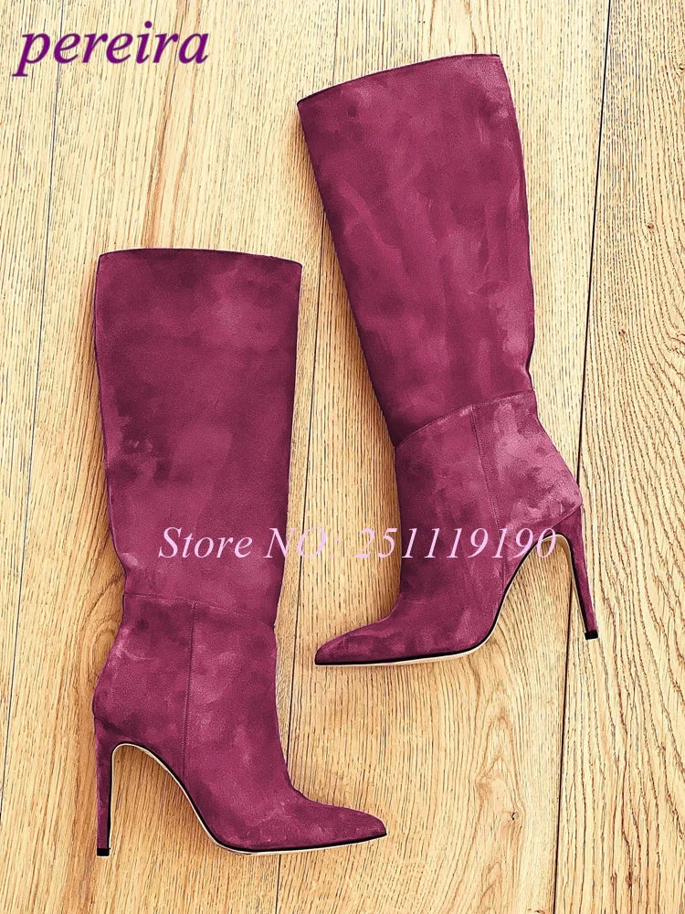 Royal Blue Boots Suede Pointed Toe Botas Women Luxury Designer Shoes Winter 2025 Pull On Slip On Stiletto Knee-high Booties New