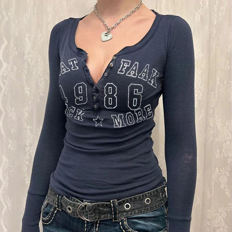 Vintage Letter Print Crop Top Women Retro Grunge Button V Neck Full Sleeve T Shirt Autumn Winter Basic Tee Femme Clothing