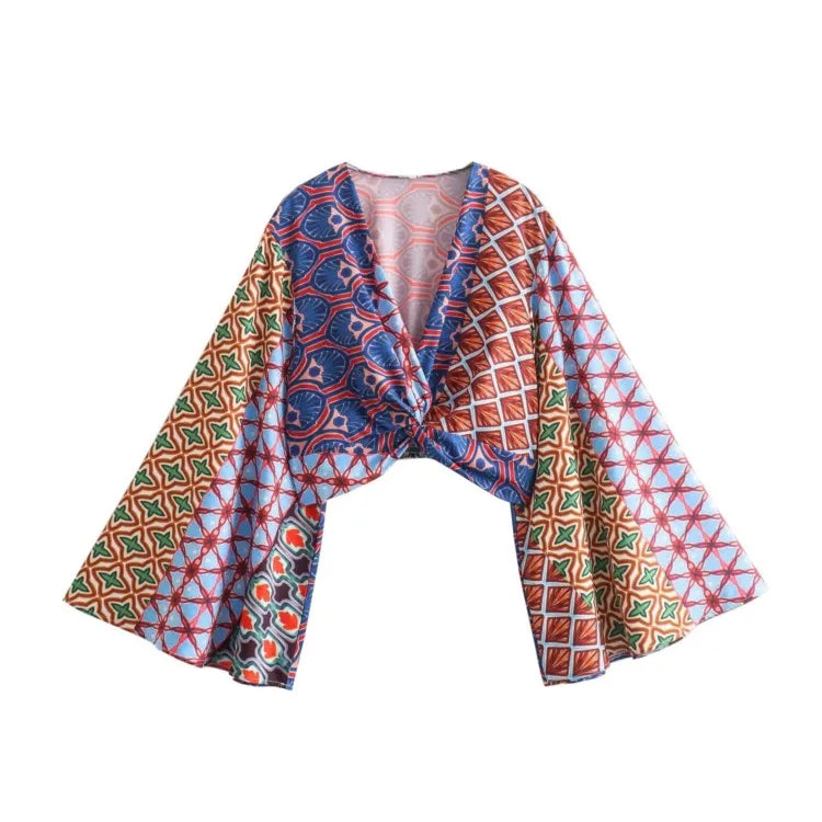 Aonibeier Printed Women Slim Shirt Wide Pants Suits Traf Summer Flare Sleeve Knot Front V Neck Crop Top Female Sets Y2K Outfits One Piece Top