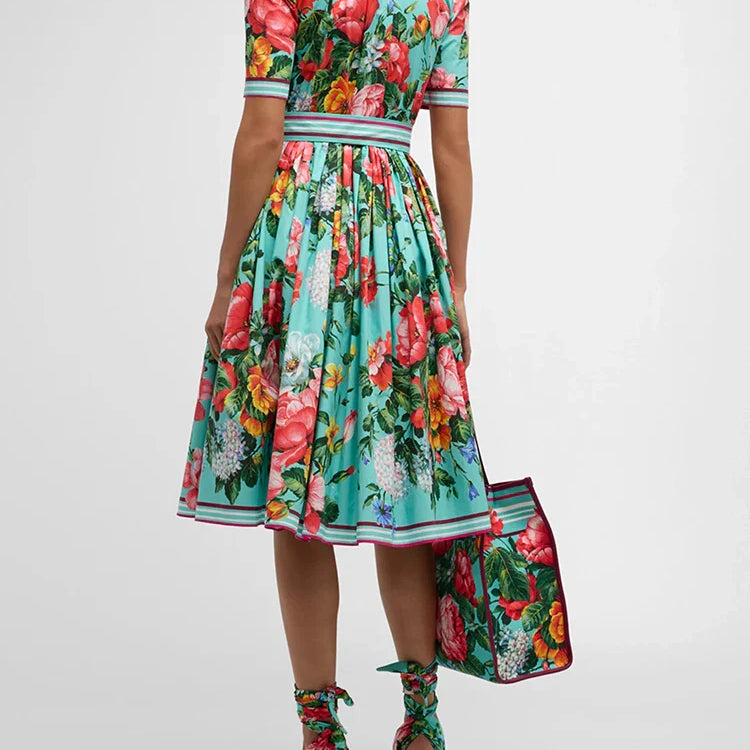 VGH Patchwork Lace Up Floral Printing Casual Dresses For Women Lape Short Sleeve High Waist Spliced Button Dress Female Fashion