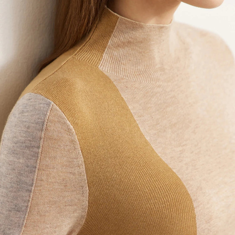 Minimalism Knitted Sweater Women Autumn All-match Slim Half High Collar Splicing Design Soft Clothing Tops