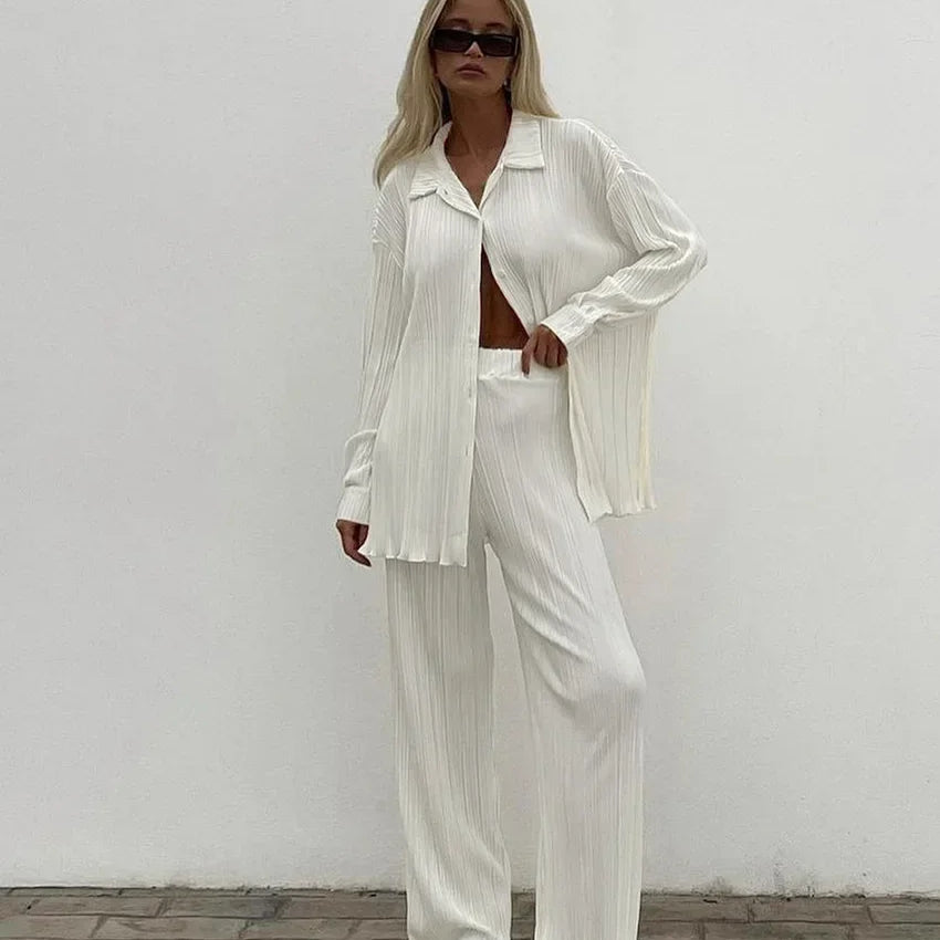 CM.YAYA Street Women's Set Long Sleeve Shirt Tops and Wide Leg Pants Elegant Tracksuit Two Piece Set Sweatsuit Fitness Outfits