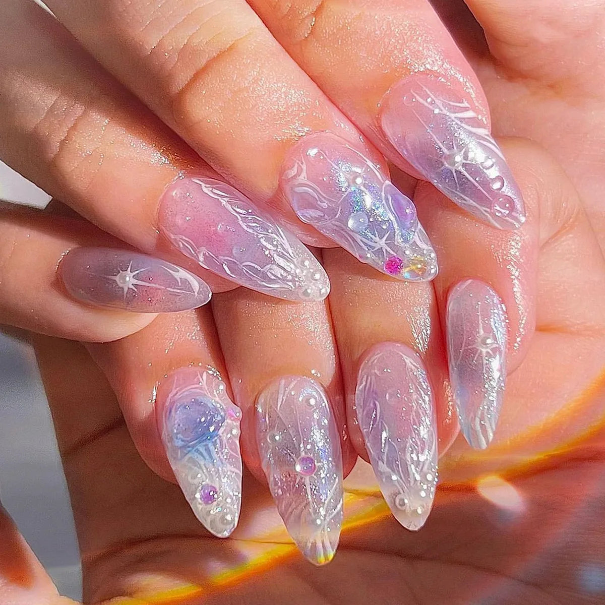 24Pcs Mid-length Almond Press on False Nails Marble Pattern Almond Fake Nail Art Purple Gradient Wearable Full Cover Nails Tips