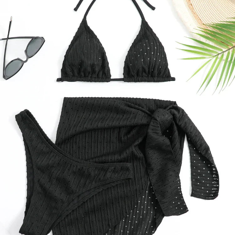 2023 New 3 Pieces Set Swimsuit Women Thong Swimwear Sexy Micro Bikini Set With Sarong Skirt White Beachwear Bathing Suit Pink black