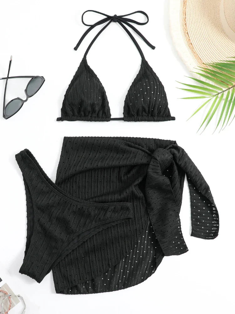 2023 New 3 Pieces Set Swimsuit Women Thong Swimwear Sexy Micro Bikini Set With Sarong Skirt White Beachwear Bathing Suit Pink black