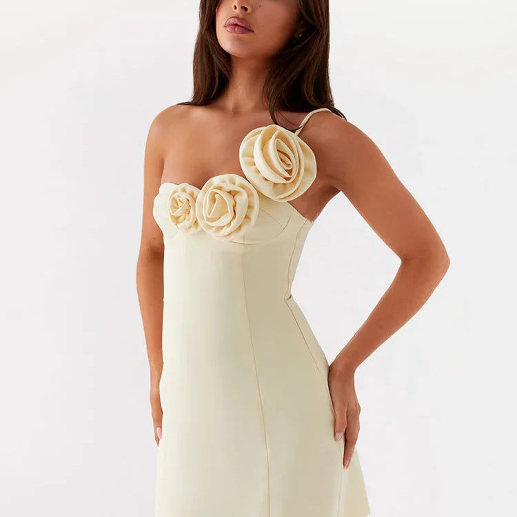 Rose One Shoulder Sexy Mini Dress For Women Robe Summer Solid Off-shoulder Backless A-line Club Party Dress Elegant