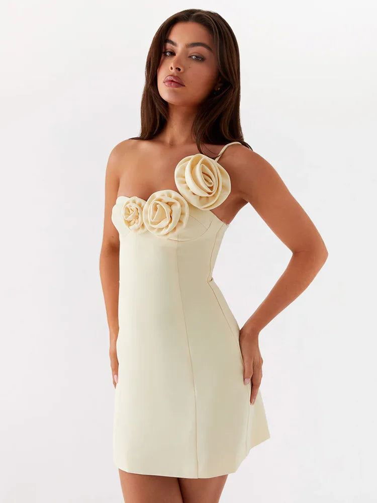 Rose One Shoulder Sexy Mini Dress For Women Robe Summer Solid Off-shoulder Backless A-line Club Party Dress Elegant